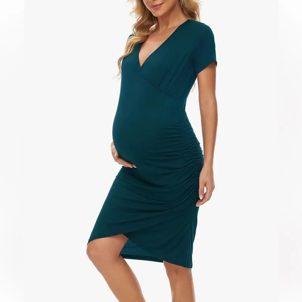 Smallshow Women's V Neck Bodycon Maternity Dress Side Ruched Size Small